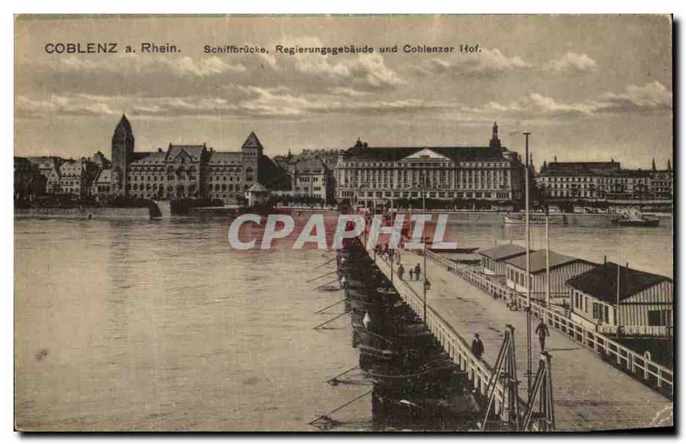 Coblence am Rhein — Schiffbrücke, Regierungsgebäude und Coblentzer Hof — Louis Gläser, Leipzig - Vorderseite