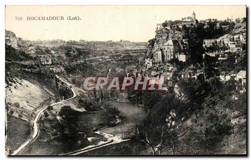 Rocamadour (Lot) — vista panorâmica do vilarejo fortificado — Livraria Verjat, St-Céré - Frente