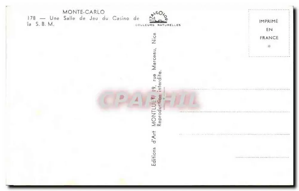 Spielraum des Casinos von Monte-Carlo — Verleger: Editions d'Art Monte-Carlo, Nice - Rückseite