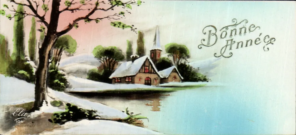 Winterlandschaft mit Kirche — 'Guten Jahresbeginn' — Ella, Nr. 104 - Vorderseite