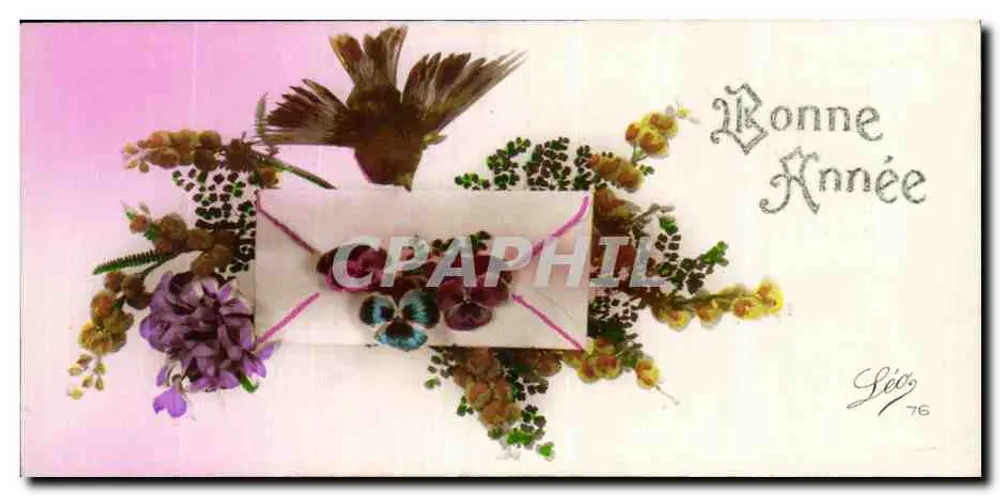 Guten Jahresbeginn — Blumendekoration mit Vogel — Verlag Léos, Nr. 76 - Vorderseite
