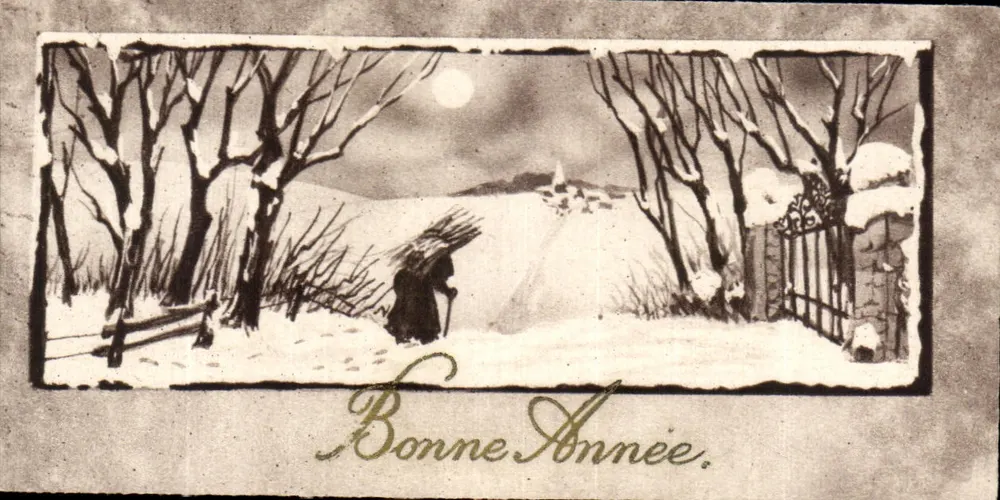 Winterlandschaft mit Figur — 'Frohe Weihnachten' — kein Verlag oder Nummer sichtbar - Vorderseite