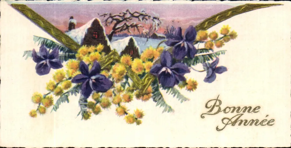 Frühlingsblumen und Winterlandschaft — Frohe Neujahr — Verlag unbekannt, Seriennummer nicht sichtbar - Vorderseite