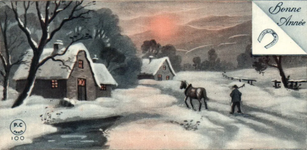 Winterlandschaft mit Mann und Pferd — P.C. PARIS 100 — Gutes Neues Jahr mit Reiter - Vorderseite