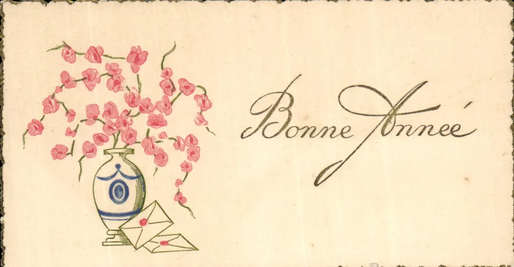 Blumenstrauß — Blauer Vase und Buchstaben — Guten Jahresbeginn - Vorderseite