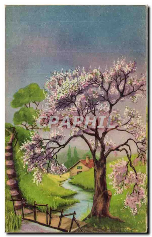 प्राचीन वस्तुओं के चित्र - फूलों वाला पेड़, नदी, घर - फ्रांस के प्रिंटर, संख्या 6007 - आगे