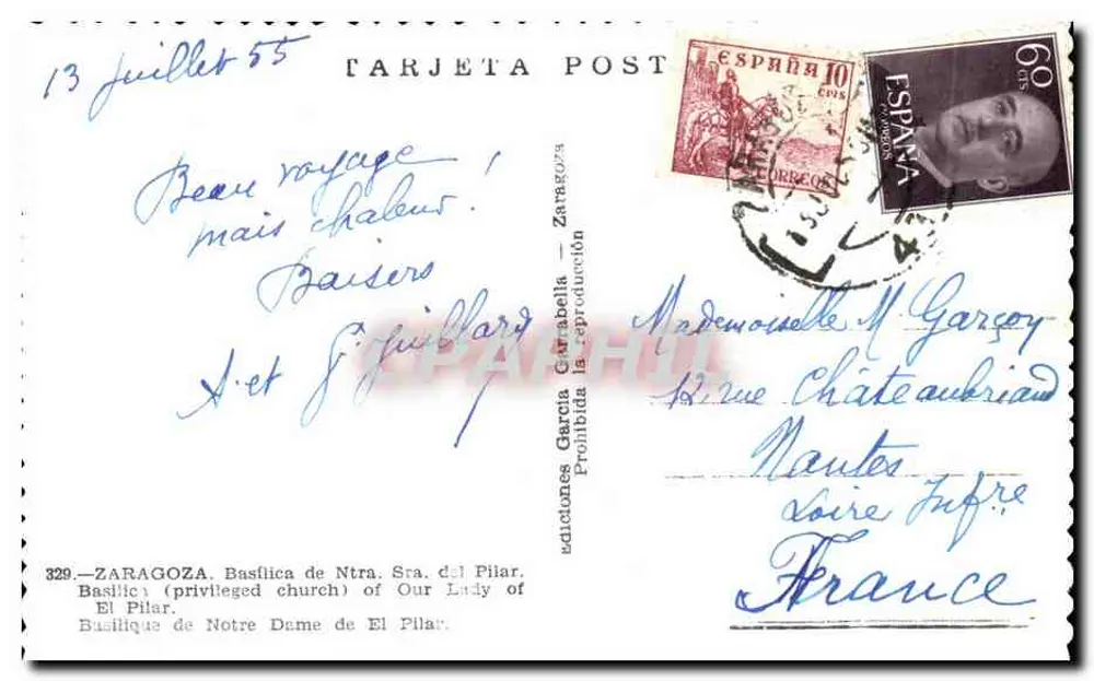 Zaragoza — Basilika von Nuestra Señora del Pilar — Verlag Tarjeta Post, Nr. 329 - Rückseite