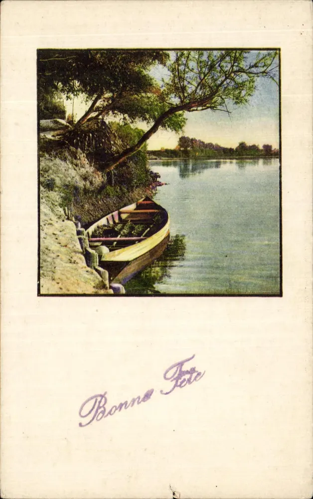 Boot auf dem Fluss — Uferlandschaft mit Baum — Verlag nicht sichtbar - Vorderseite