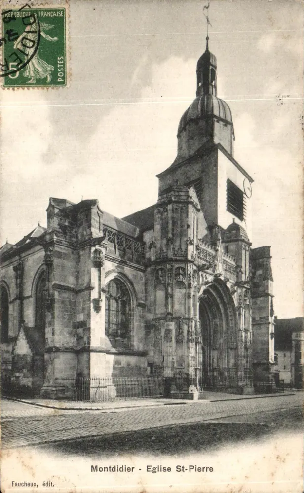 Montdidier - Église Saint-Pierre — vue de l'édifice avec son clocher à dôme, éditeur Faucheux - Frente