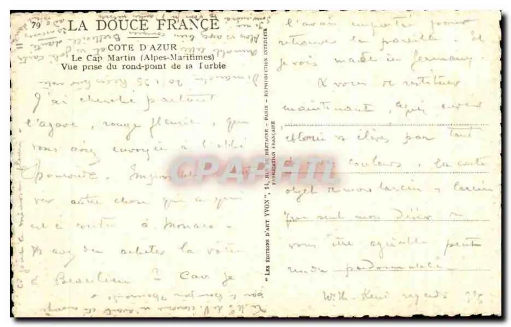 Cap Martin (Alpes-Maritimes) — Aufnahme vom Kreisverkehr Turbie — Les Éditions d'Art Yvon, Paris - Rückseite