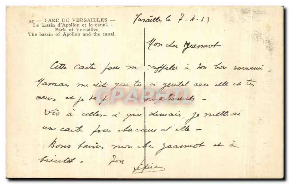 Bogen von Versailles — Bassin d'Apollon und Kanal — unbekannter Verlag, Nr. 57 - Rückseite