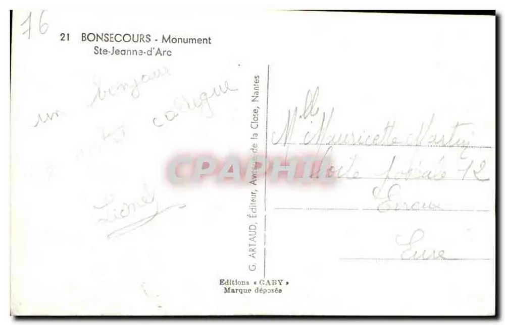 Bonsecours - Monument Ste-Jeanne-d'Arc — Gaby, n°21 - Verso