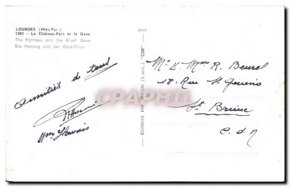 Lourdes (Altos-Pirineus) — Castelo-Forte e o Gave — editor Combier, n° 000 - Verso