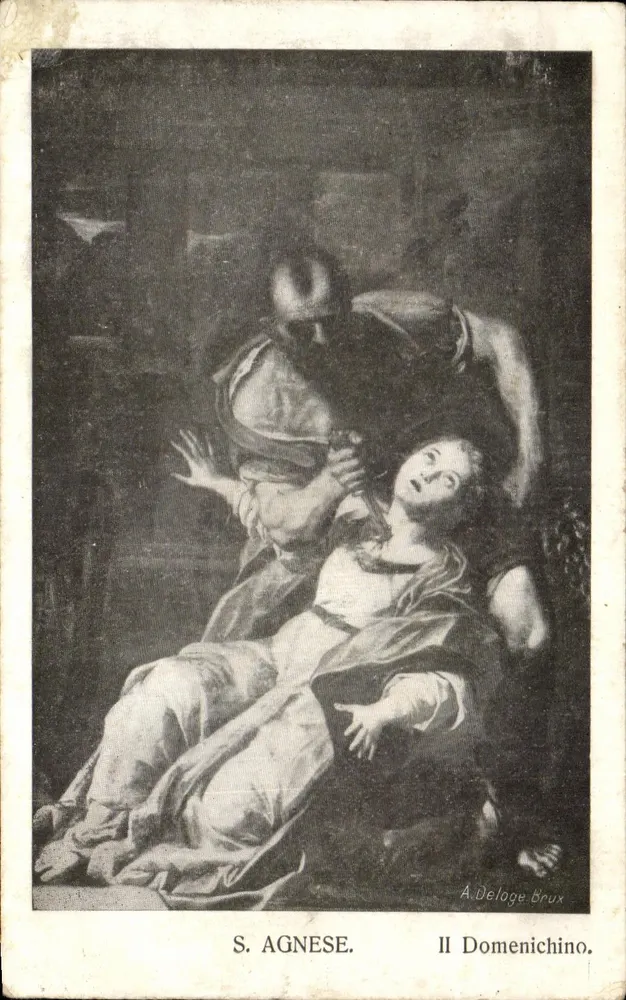 Sainte Agnès — martyrdom — gravure d'après Domenichino, éditée par A. Deloge Brux - Frente