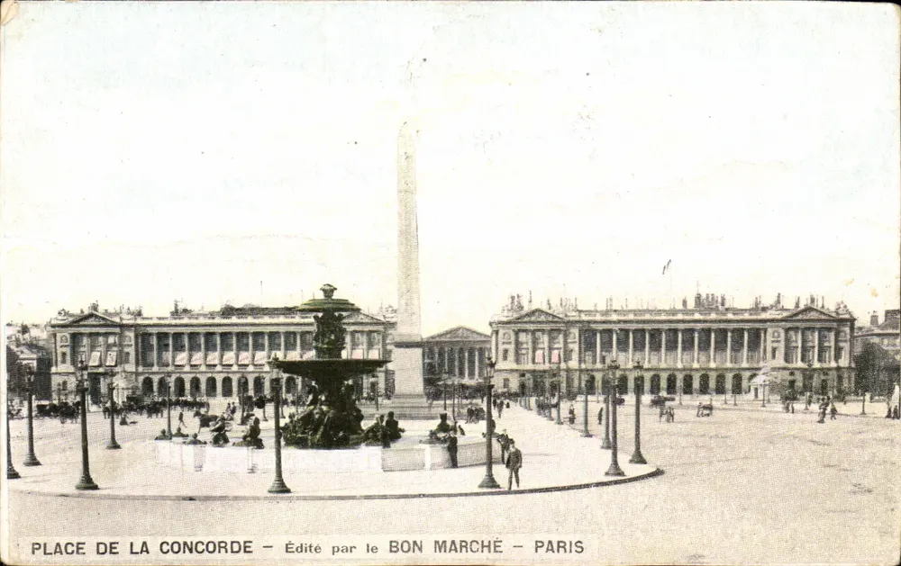 Place de la Concorde — Obelisk und Fontäne — Verlag Le Bon Marché — Paris - Vorderseite