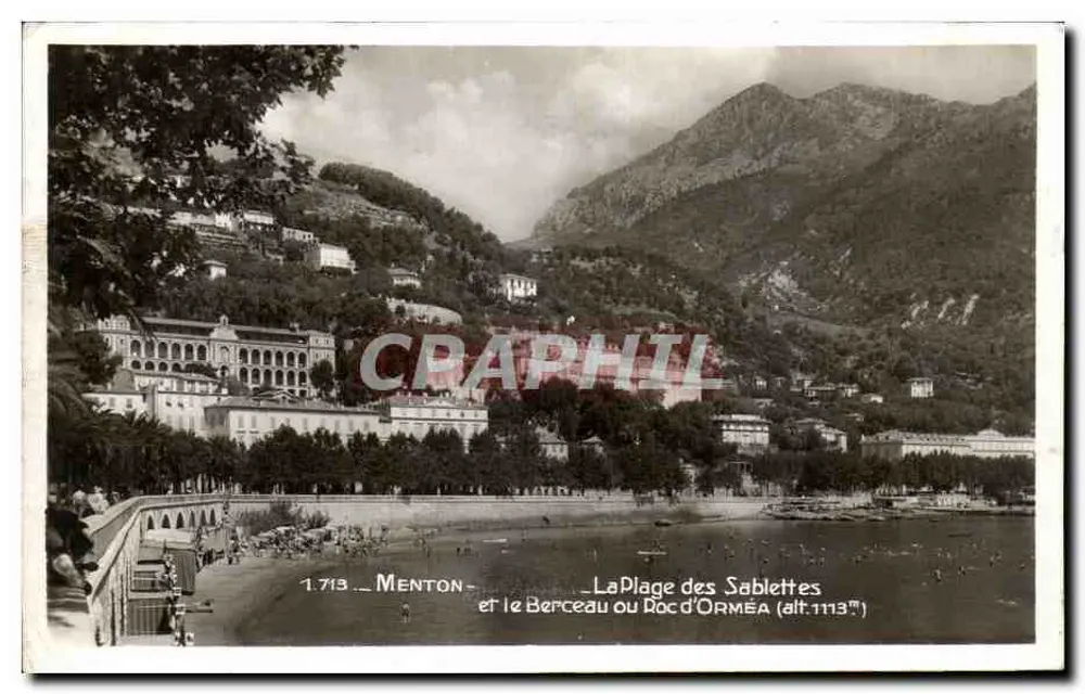 Menton — La Plage des Sablettes und der Berceau oder Roc d'Orméa (Höhe 1113 m) — Edition La Cigogne - Vorderseite