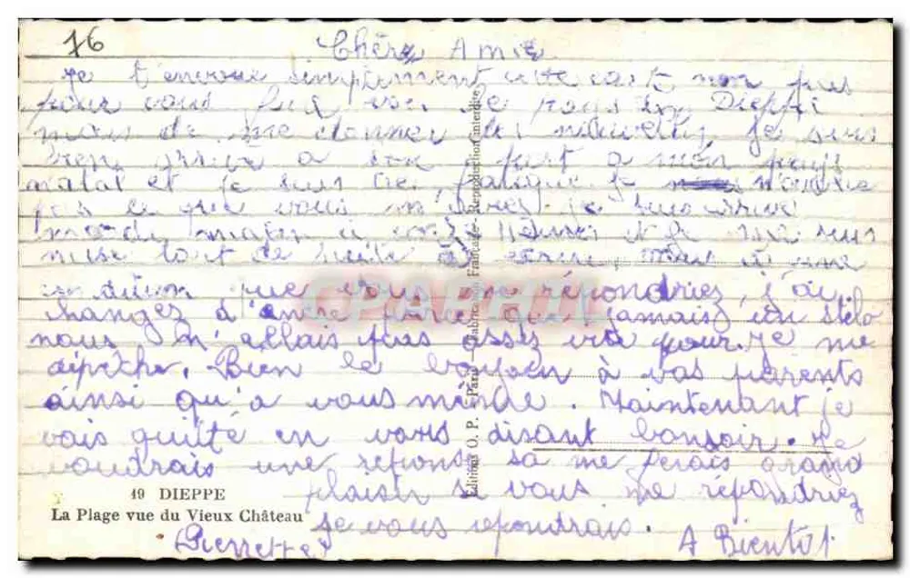Dieppe — Blick auf den Strand vom alten Schloss — Verlag O. P. Pâris, Nr. 49 - Rückseite
