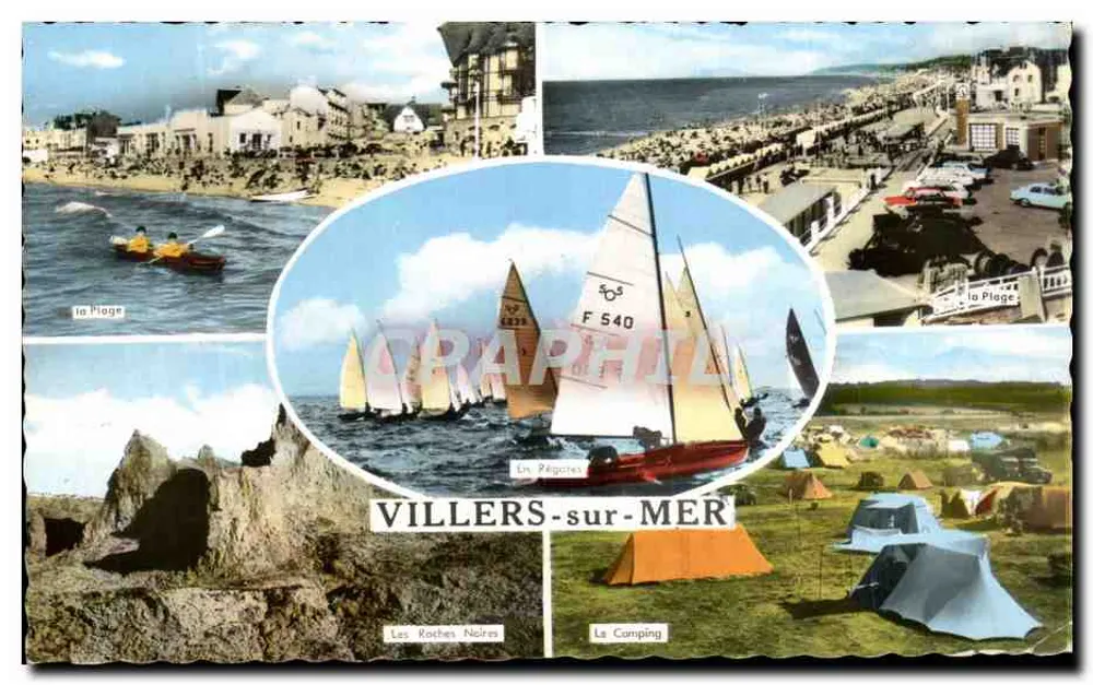 Villers-sur-Mer — vista panorâmica com praia, regatas, camping e rochas negras — Éditions Artaud Père & Fils, Nantes - Frente