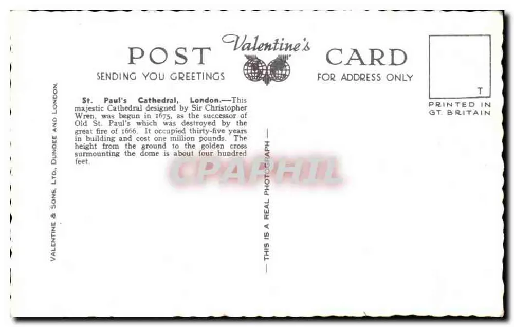 St. Pauls-Kathedrale, London — Valentines-Karte — Valentine & Sons, Ltd. n° H 2564 - Rückseite