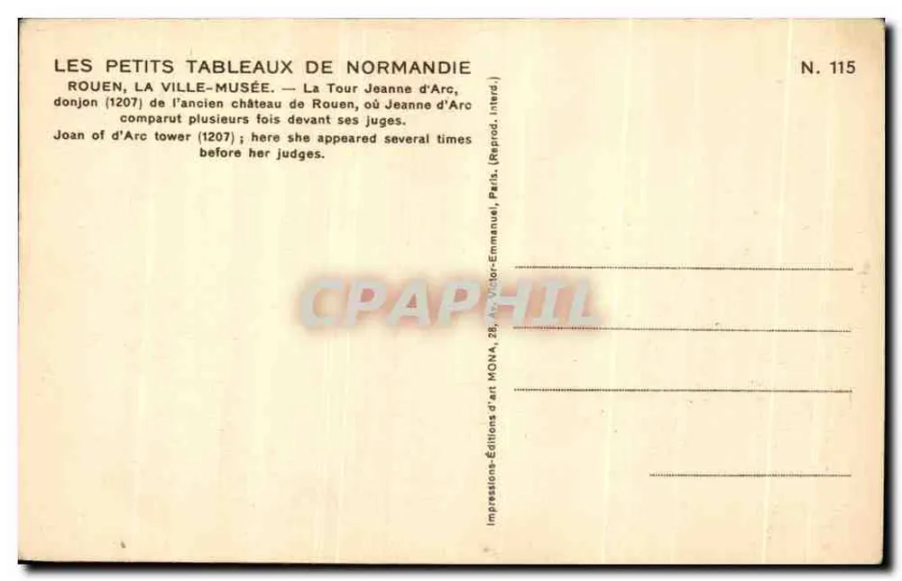 Rouen — La Tour Jeanne d'Arc — Victor-Emmanuel Editions, Nr. 115 - Rückseite