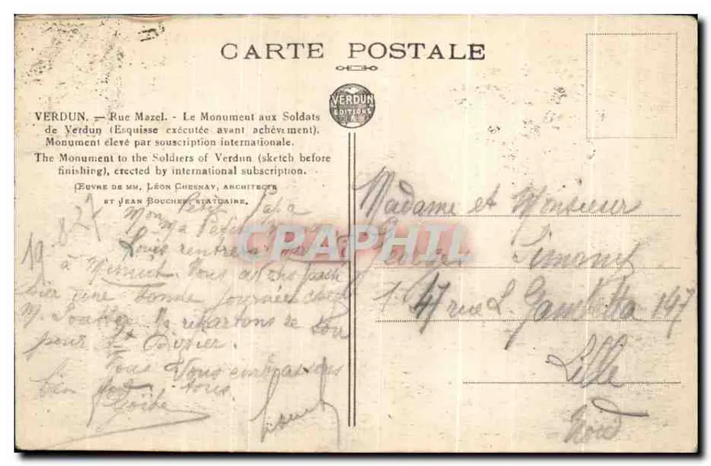 Verdun — Denkmal für die Soldaten von Verdun (Skizze vor Fertigstellung) — Verlag Verdun - Rückseite