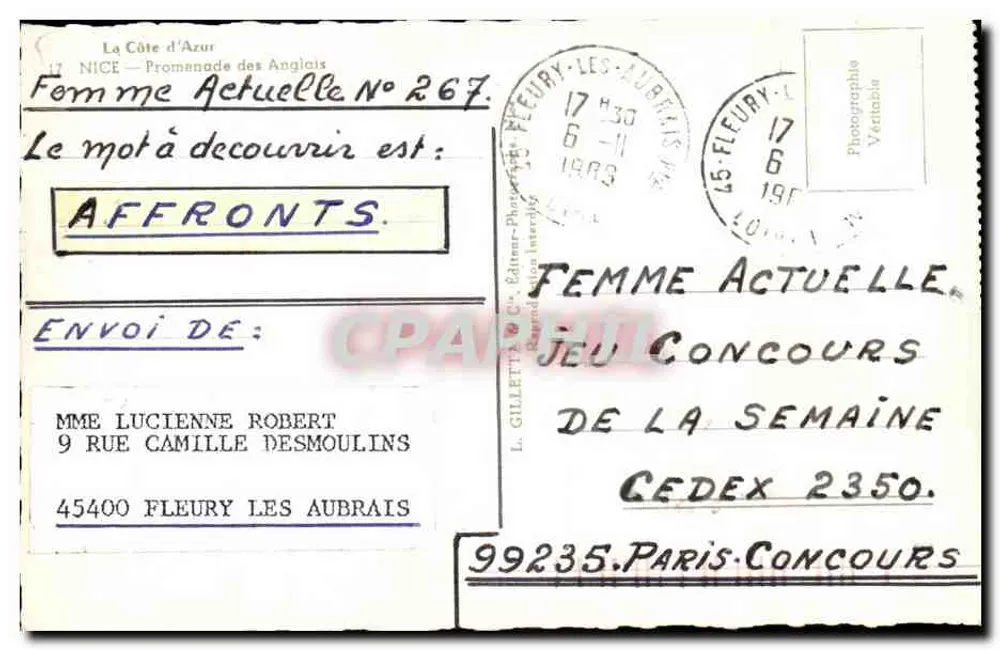 NICE — Promenade dos Ingleses — Editor L. Gillette & Cie, N° 267 - Verso