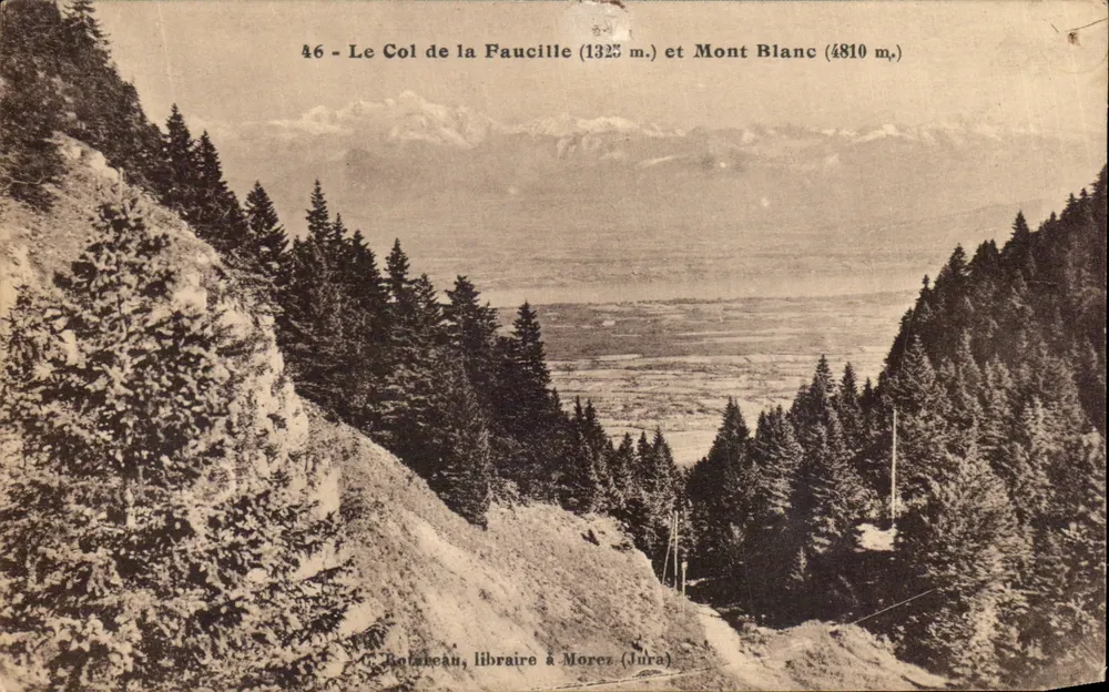 Col de la Faucille (1325 m) und Mont Blanc (4810 m) — Alpenblick — G. Rotabeau, Buchhändler in Morez (Jura) - Vorderseite