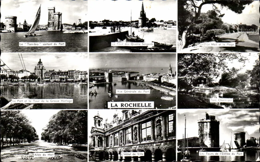 La Rochelle — Vista panorâmica com porto, torres e parque — Éditions Gaby, Nantes - Frente