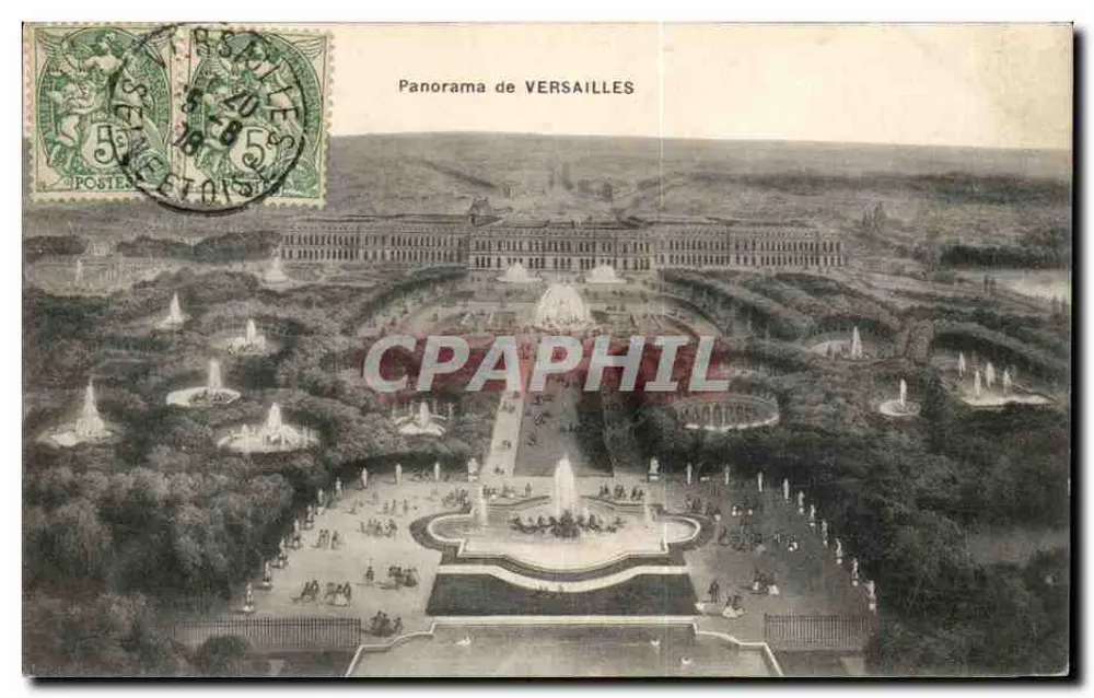 Panorama de VERSAILLES — vista aérea dos jardins e do château — Mme Moreau, édit. Versailles - Frente