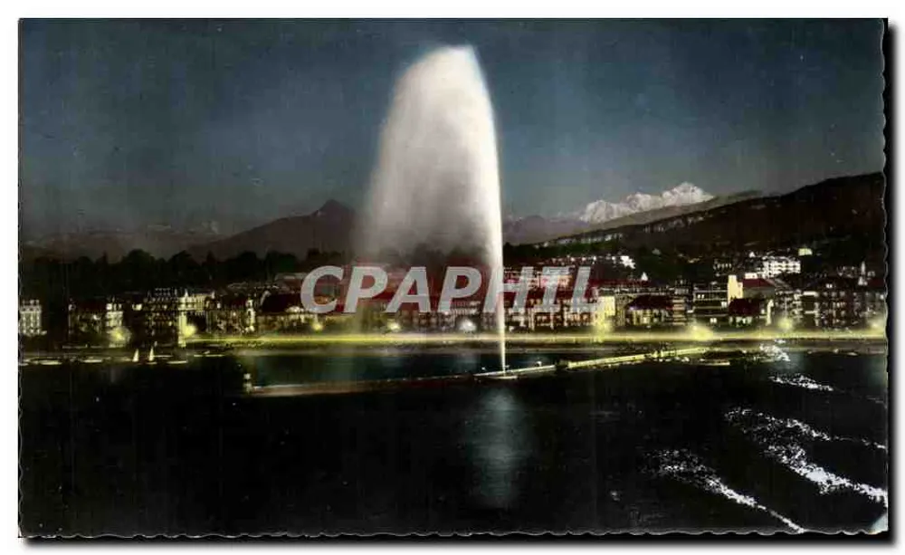 Genf — Der beleuchtete Jet d'Eau und der Mont-Blanc — Editions G. JÄGER, Genf - Vorderseite