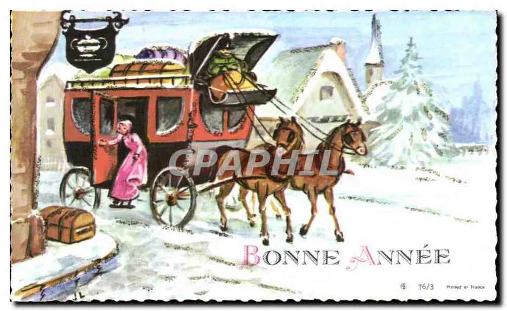 Winterkutsche — Schneelandschaft eines Dorfes — Verleger nicht sichtbar, Seriennummer 76/3 - Vorderseite