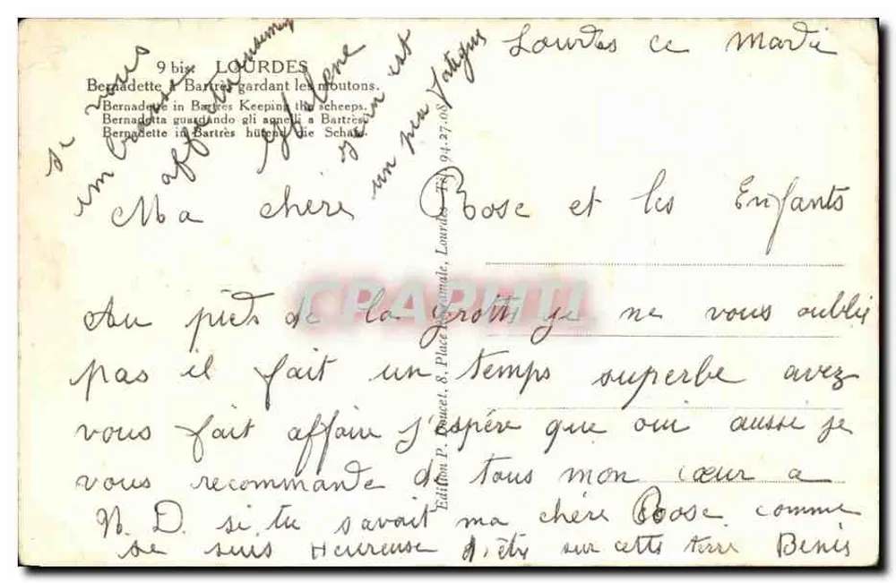 Bernadette Soubirous — gardant les moutons près d'une ferme — Édition P. Douet, 8, Place du Général de Gaulle, Lourdes - Rückseite