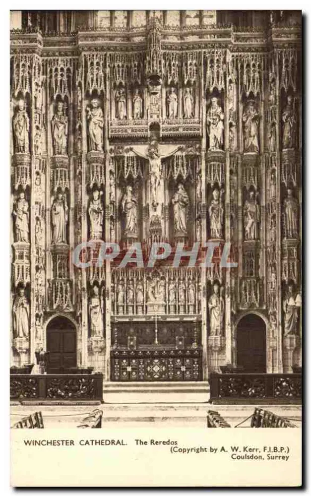 Catedral de Winchester — O Reredos — Direitos autorais por A. W. Kerr, F.I.B.P., Coulsdon, Surrey - Frente
