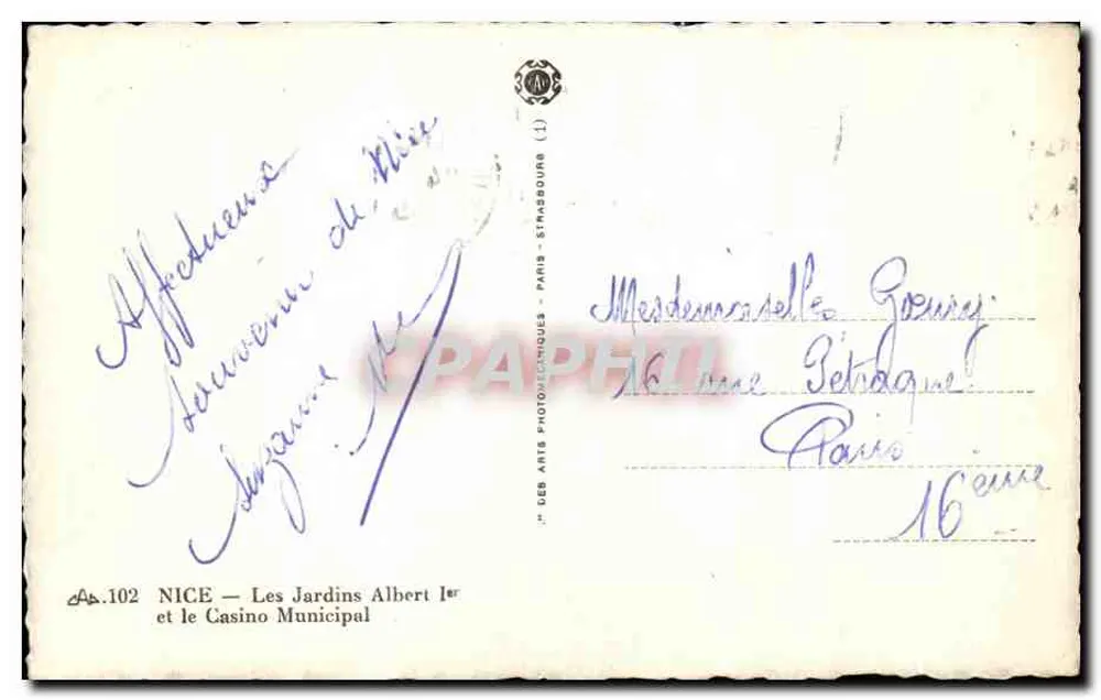 Nizza — Gärten von Albert I und das Municipale Casino — Des Arts Phototechniques - Rückseite