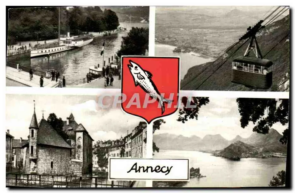 Annecy — vista panorâmica com barco, teleférico e igreja — editor não visível - Frente