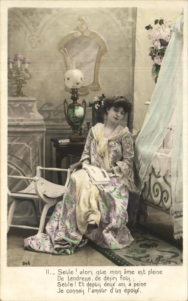 Junge Frau in einem blumigen Kleid — Liebesgedicht — A.N. Paris, n°346 - Vorderseite