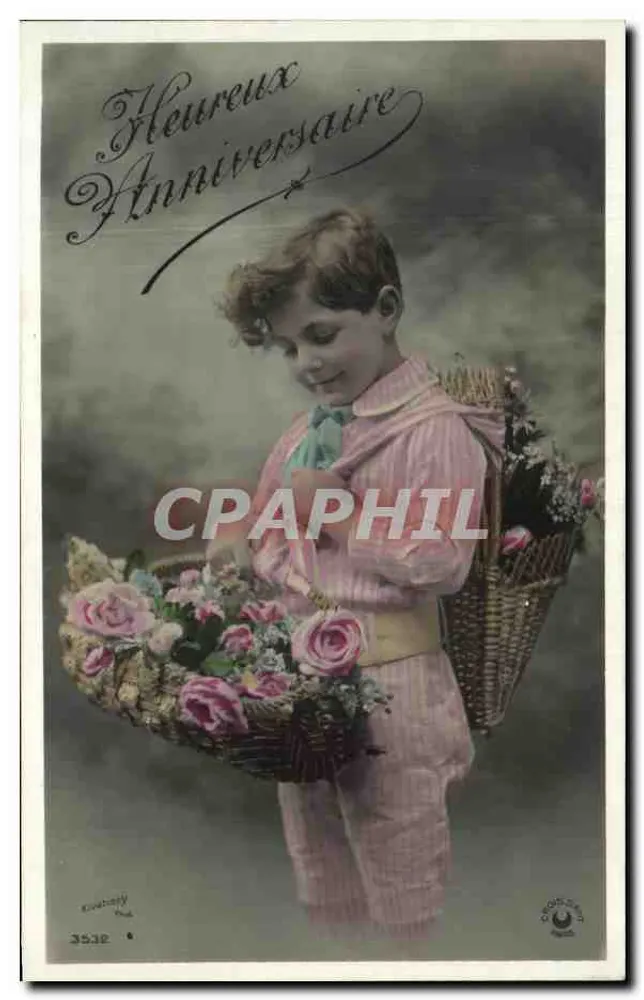 Kind mit Blumenkorb — Happy Birthday — Kuwabaty Phot. n° 3532 - Vorderseite