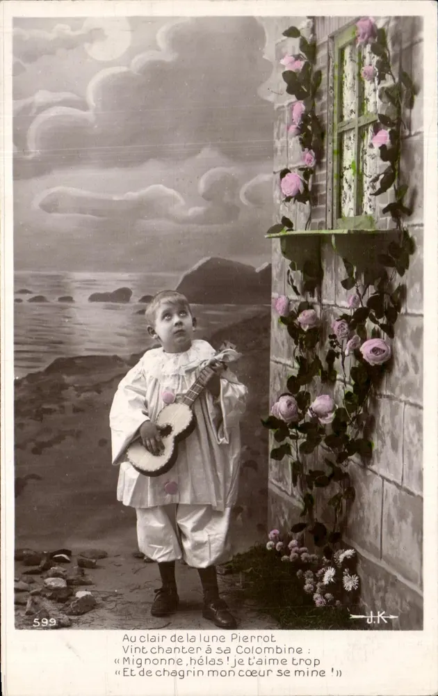 Pierrot unter dem Mondlicht — nächtliche Szene mit Rosen — J.K. n°599 - Vorderseite