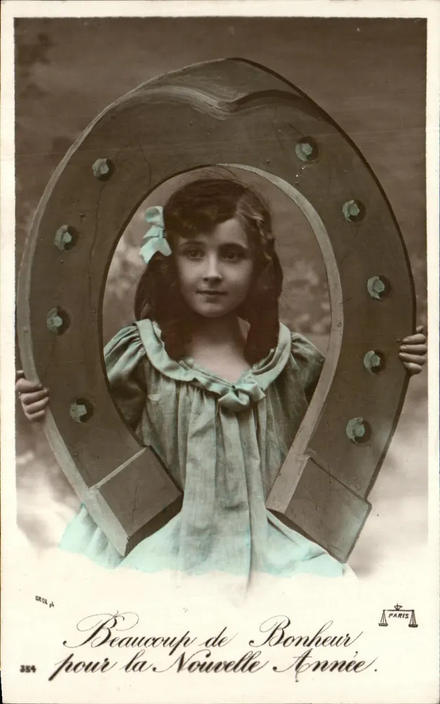 Mädchen mit einem Hufeisen — Wunsch nach Glück — Gréa, Paris, n°354 - Vorderseite