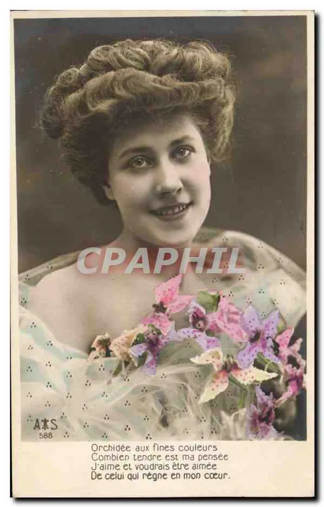 Frau in einem Kleid mit Punkten, das einen Orchideenstrauß hält — gedrucktes Gedicht — Verlag A&S n°588 - Vorderseite