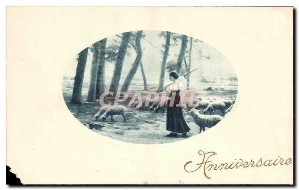 Frau mit Schafen im Wald — Geburtstag — Karte postale - Vorderseite
