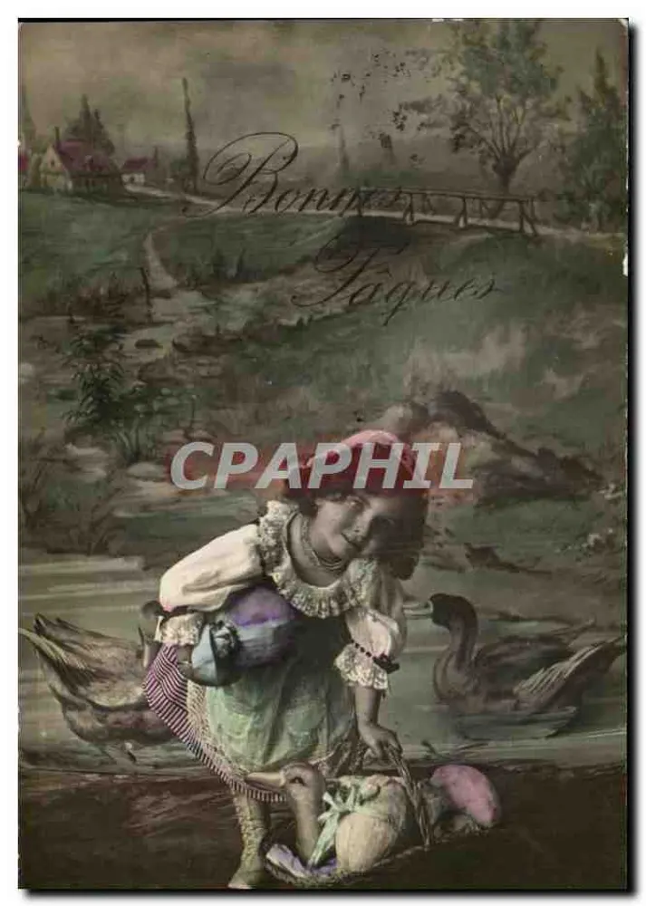 Mädchen mit Enten — ländliches Landschaftsbild — Bonne Tâches - Vorderseite