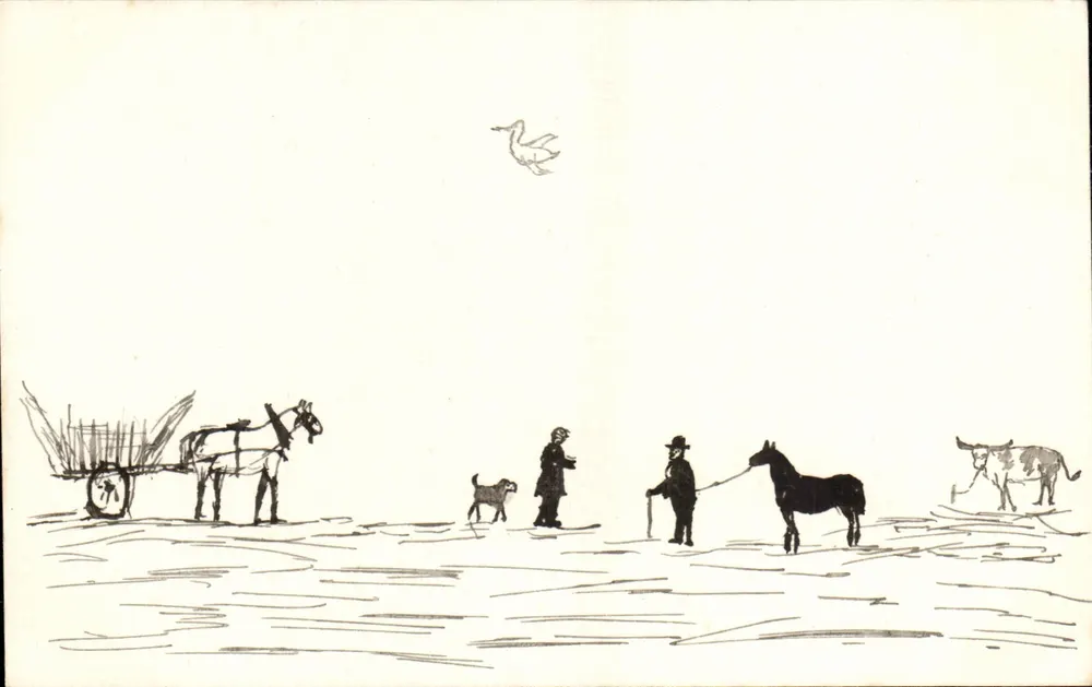Landschaftsszene — Ochsenwagen, Männer, Pferd und Kuh — Zeichnung - Vorderseite