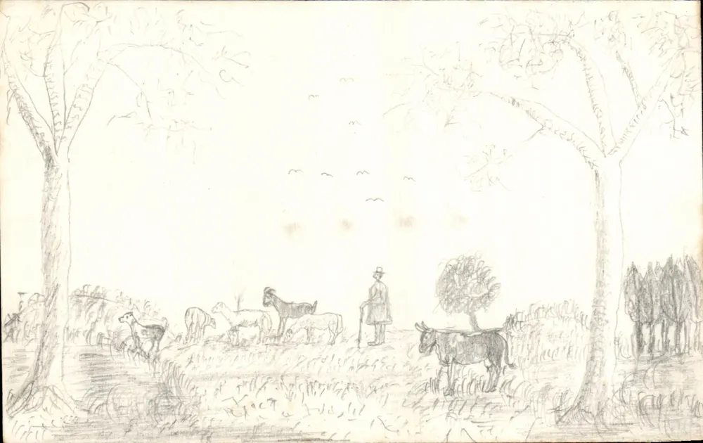 Landschaft mit Schäfer und Eseln — Bleistiftzeichnung — Anonyme Ansichtskarte - Vorderseite
