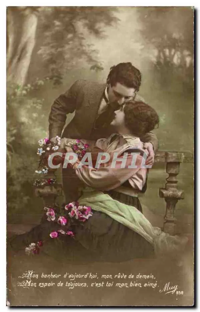 Amour et tendresse — scène de couple en extérieur — éditeur Mug n°858 - Recto
