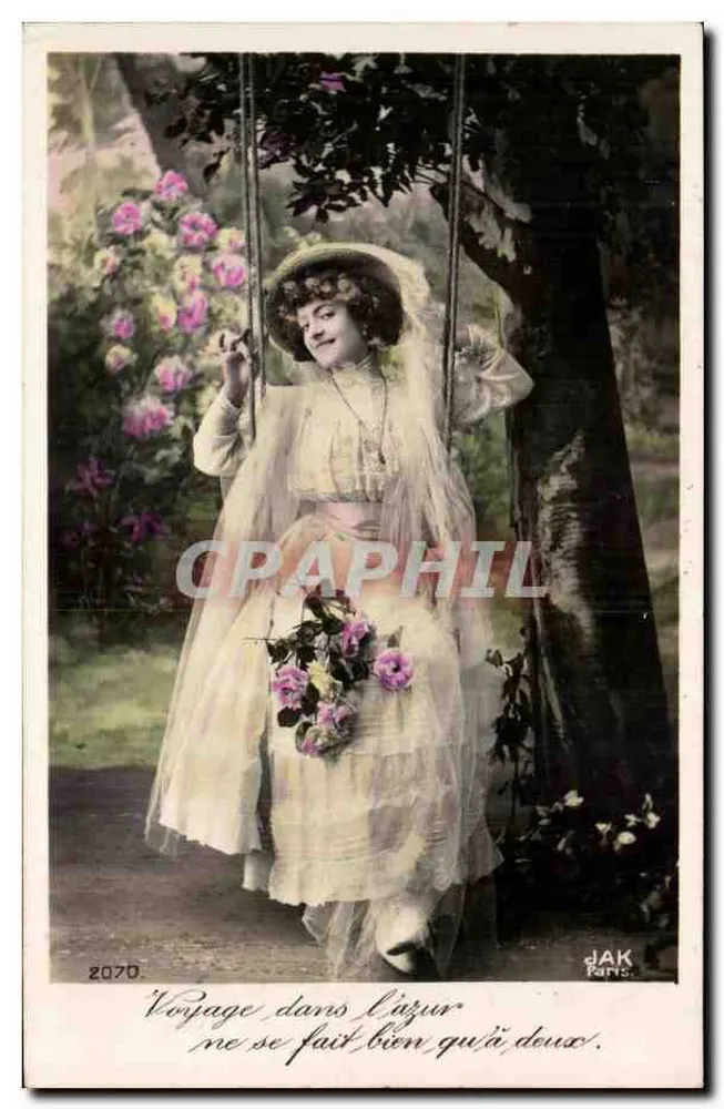 Femme en robe de bal dans un parc — scène de jardin avec rosiers — éditeur JAK Paris, n° 2070 - Vorderseite