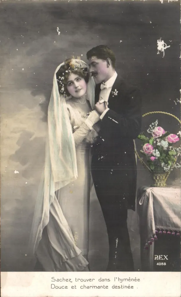 Neues Ehepaar — HochzeitsSzene mit Rosenstrauß — Verlag REX n° 4088 - Vorderseite