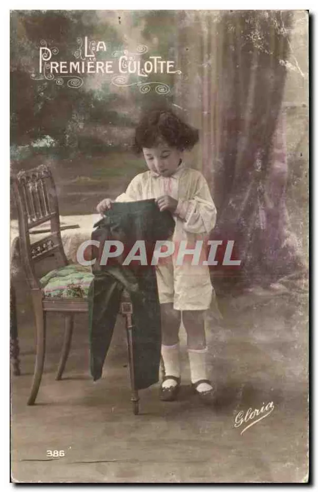 Kleine Mädchen mit einem Hosen — Studio-Szene — Verlag Gloria, n° 386 - Vorderseite