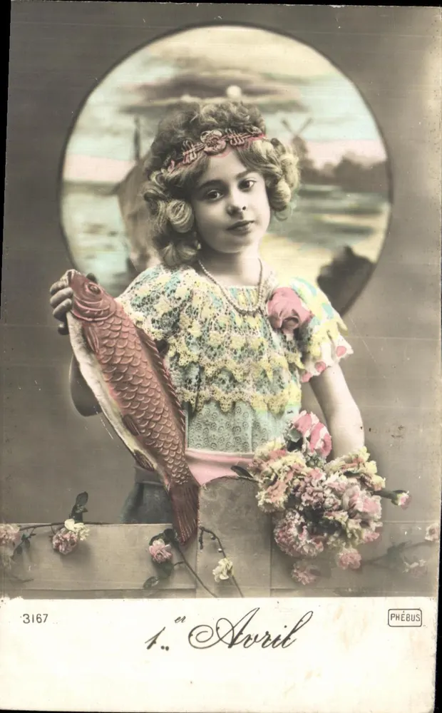Mädchen mit Fisch und Blumenstrauß — 1er Avril — Phébus, n° 3167 - Vorderseite