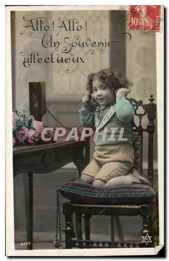 Kleine Mädchen am Telefon — 'Hallo! Hallo! Ein herzlicher Gruß' — unbekannter Verlag, Nr. 4109 - Vorderseite